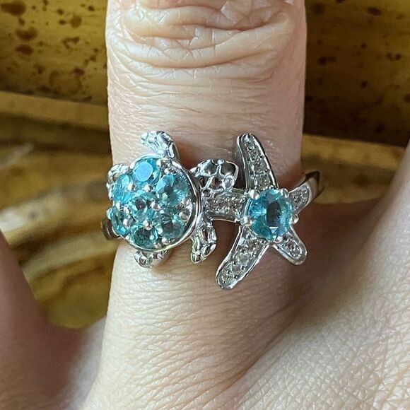 Natural Blue Apatite Starfish Turtle Ring Size 7 - Picture 1 of 9